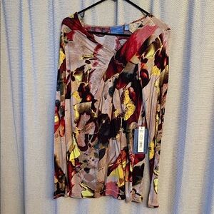 Vera Wang Multicolor Abstract Print Long Sleeve Shirt- Red, Yellow, Tan, Black.